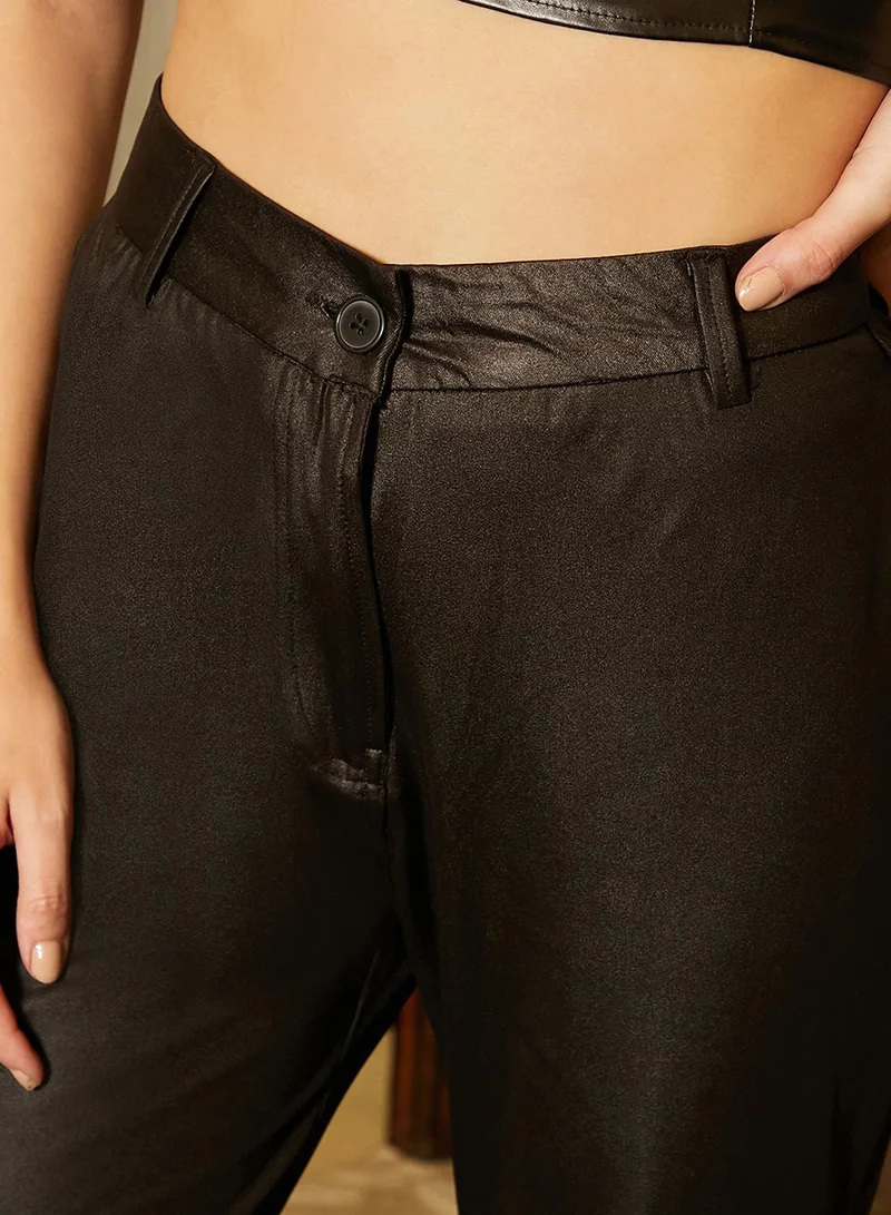 PINACOLADA PINACOLADA Women's Onyx Black Solid Tailored Trousers For Casual Wear | Mid-Rise  | Straight Fit | Button Closure | Trousers Designed With Comfort Fit For Woman & Girls