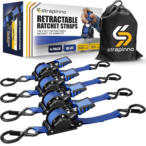 Strapinno Retractable Ratchet Straps 1 in x 10 ft, Secure Tie-Downs with Rubber-Coated Steel Handles, for Motorcycle, Jetski, Kayak, Breaking Strength 1,500LBS/680KG - Image 1