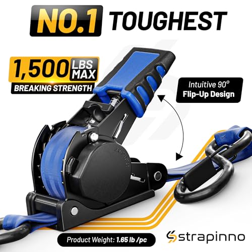 Strapinno Retractable Ratchet Straps 1 in x 10 ft, Secure Tie-Downs with Rubber-Coated Steel Handles, for Motorcycle, Jetski, Kayak, Breaking Strength 1,500LBS/680KG - Image 2