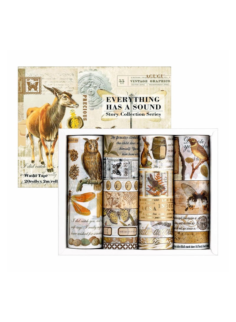 KASTWAVE Retro Gold Foil Washi Tape Set, 20 Rolls, Animal, Flower, Plant for Scrapbooking and Crafts, Decorative Masking Tape, Artists Tapes for DIY, Junk Journal Supplies, School Supplies - Image 1