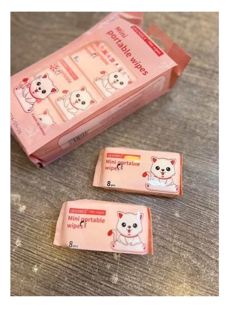 مناديل مبللة صغيرة محمولة (Mini Portable Wipes) للأطفال - لطيفة وغير مهيجة للبشرة - عبوة جيب فردية (8 باكيت * 8 منديل) - مثالية للمدرسة، النزهات، والسفر. - Image 2