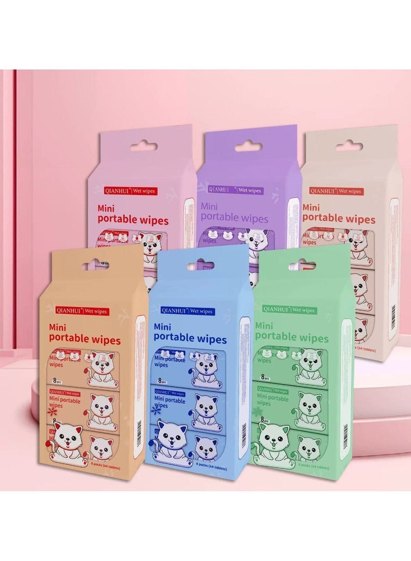 مناديل مبللة صغيرة محمولة (Mini Portable Wipes) للأطفال - لطيفة وغير مهيجة للبشرة - عبوة جيب فردية (8 باكيت * 8 منديل) - مثالية للمدرسة، النزهات، والسفر. - Image 1