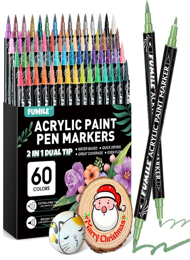 FUMILE 60 Colors Acrylic Paint Markers Dual Tip(Fine and Brush Tip), Acrylic Paint Pens Paint Markers for Wood, Rock, Plastic, Glass, Ceramic, Canvas.Acrylic Paint Markers Set for DIY Gifts and Art. - Image 1