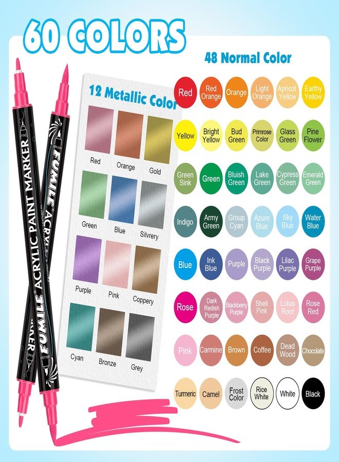 FUMILE 60 Colors Acrylic Paint Markers Dual Tip(Fine and Brush Tip), Acrylic Paint Pens Paint Markers for Wood, Rock, Plastic, Glass, Ceramic, Canvas.Acrylic Paint Markers Set for DIY Gifts and Art. - Image 3