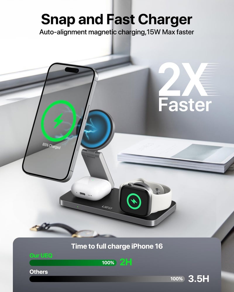 UEQ Foldable 3 in 1 Wireless Charging Station for Apple Magsafe Charger Stand,Fast Magnetic Wireless Charger Station for iPhone 17 Air 16 15 14 13 12 Series,Airpods Pro,Apple Watch Ultra (Pure Black) - Image 2