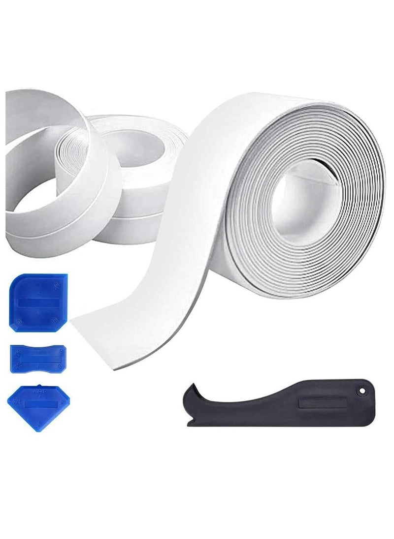 Caulk Strip 2 Pack, Silicone Scraper Tool 4 Pcs, Kitchen Bathroom Toilet Wall Sealing Tape Waterproof Mold Proof Self Adhesive Sealant Strip, Remover Sealant Tools  - Image 1