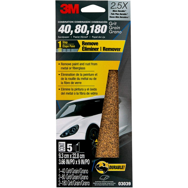 3M Sandpaper, 03039, Assorted Grits (40, 80, 120), 3 2/3 in x 9 in, 5 Sheets - Image 1