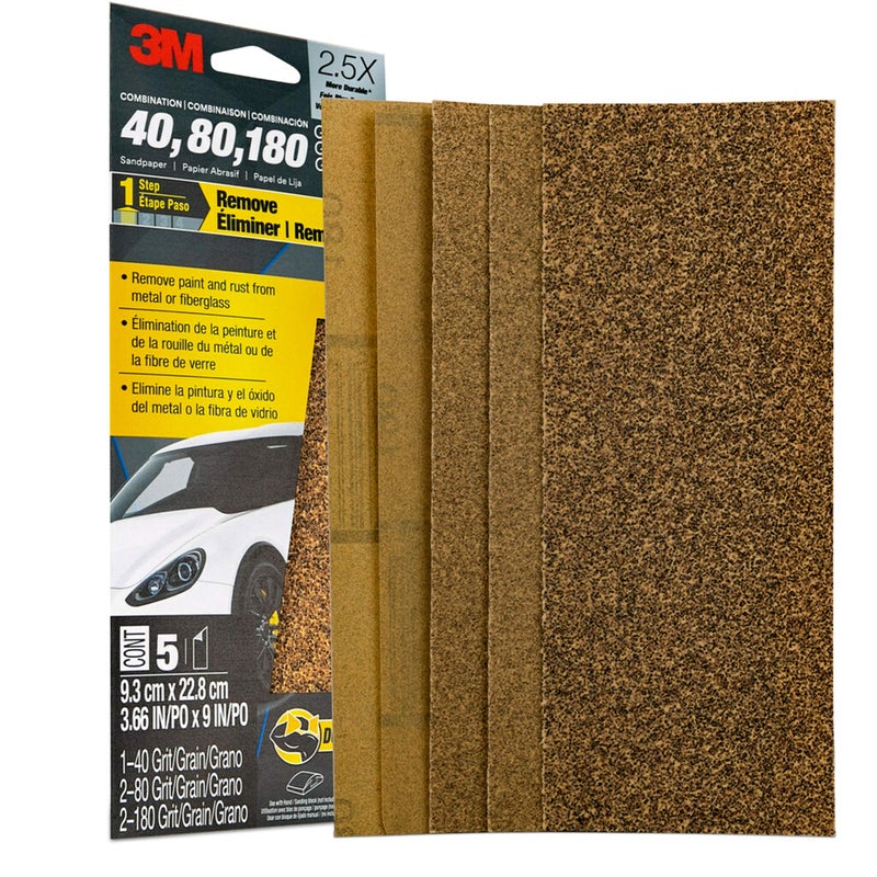 3M Sandpaper, 03039, Assorted Grits (40, 80, 120), 3 2/3 in x 9 in, 5 Sheets - Image 3