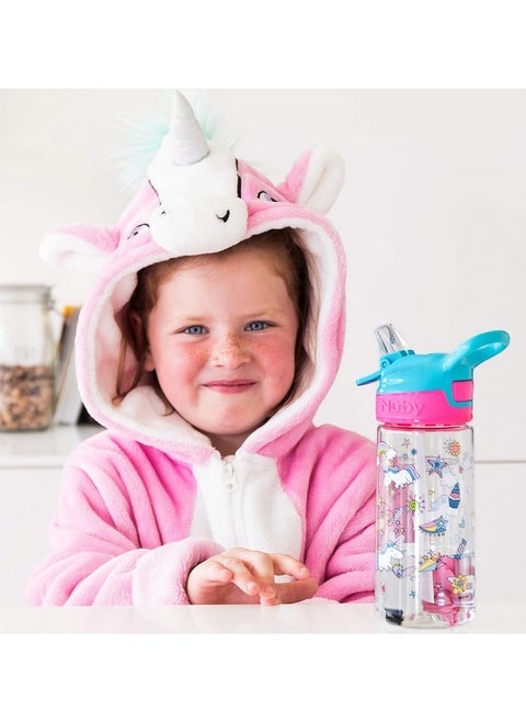 Nuby Push Button Flip-it Soft Spout Tritan Water Bottle, Pink Unicorns, 18 Oz