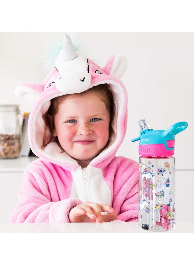 Nuby Nuby Push Button Flip-it Soft Spout Tritan Water Bottle, Pink Unicorns, 18 Oz  - Image 1