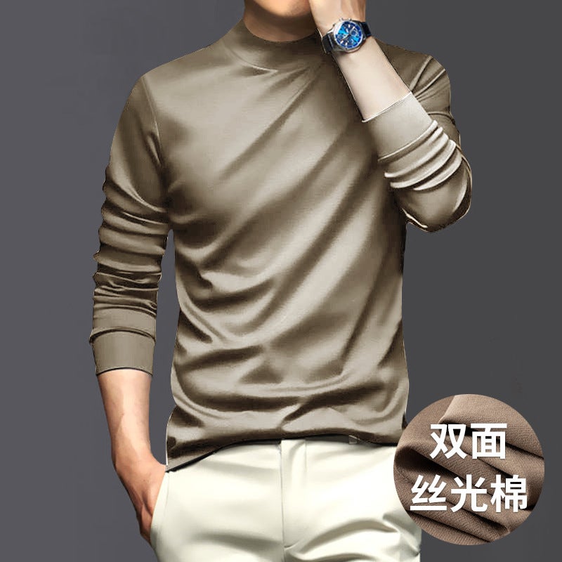 High-End Liquid Ammonia Anti-Static Mercerized Cotton Men'S Long-Sleeved T-Shirt For , Solid Color Half-High Collar Comfortable Base Layer Top - Image 3