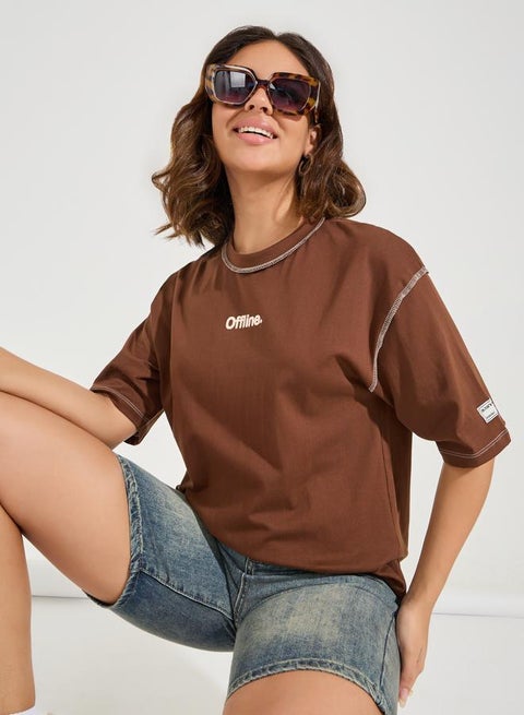 Oversized Drop Shoulder Slogan T-Shirt with Exposed Seam