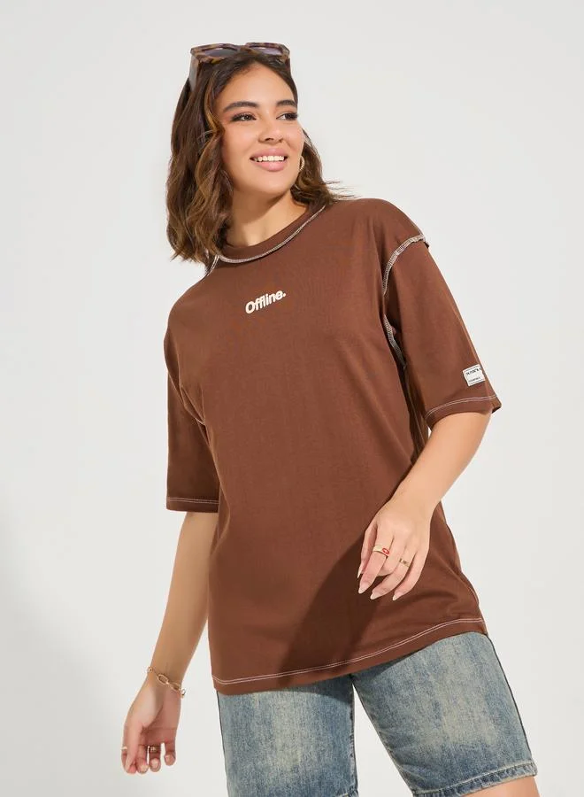 Oversized Drop Shoulder Slogan T-Shirt with Exposed Seam
