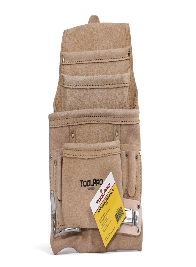 TOOLPRO 10 Pocket Top Suede Leather Nail Pouch - Professional Drywall & Construction Tool Pouch, Deep Pockets for Maximum Tool & Nail Storage - Image 1