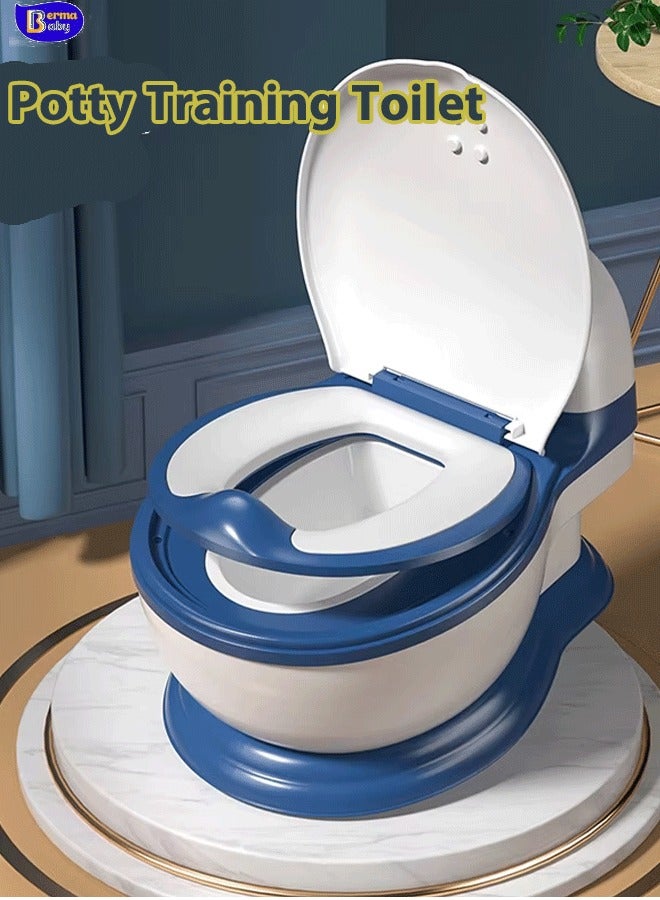 Berma Baby مرحاض تدريب على استخدام المرحاض بحجم طفل، مرحاض واقعي للتدريب على استخدام المرحاض، كرسي مرحاض للأطفال الصغار مع مقعد ناعم، وعاء مرحاض قابل للإزالة، موزع مناديل المرحاض وواقي من الرذاذ، غير قابل للانزلاق للأطفال الصغار والرضع والأطفال، أزرق - Image 1