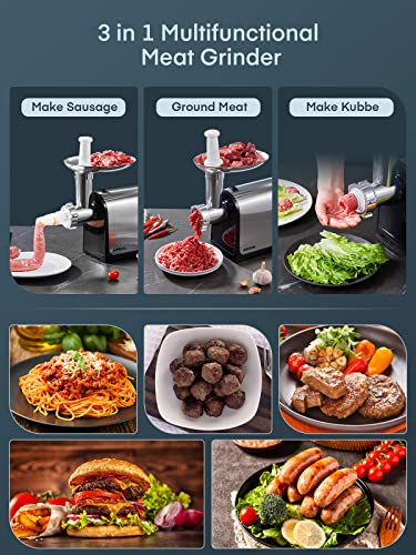 Aiheal Electric Meat Grinder, Sausage Stuffer with 3 Sausage Tubes, 2 Blades, 3 Plates, 3200W Max, Meat Grinder Heavy Duty for Home Kitchen Use, Stainless Steel (Black) - Image 2