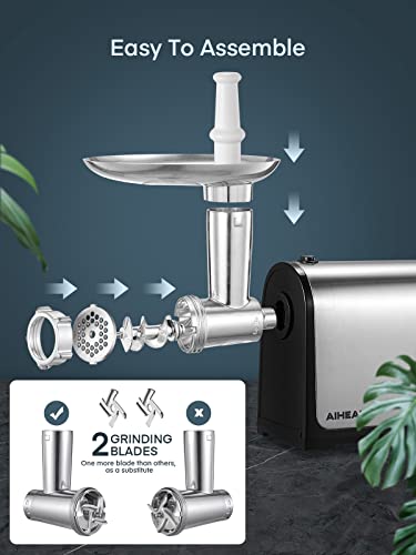 Aiheal Electric Meat Grinder, Sausage Stuffer with 3 Sausage Tubes, 2 Blades, 3 Plates, 3200W Max, Meat Grinder Heavy Duty for Home Kitchen Use, Stainless Steel (Black) - Image 5