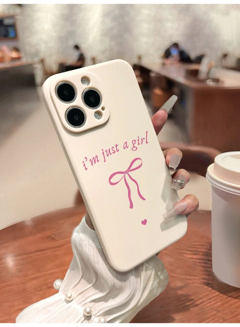 جراب آيفون 16 برو باللون الأبيض مزين بعبارة I’m Just a Girl مع فيونكة باللون الوردي - Image 2