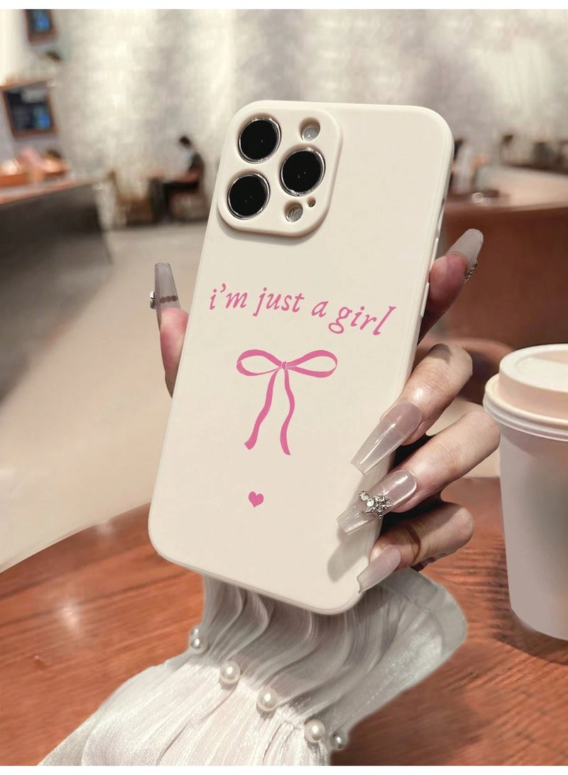 جراب آيفون 16 برو باللون الأبيض مزين بعبارة I’m Just a Girl مع فيونكة باللون الوردي - Image 1
