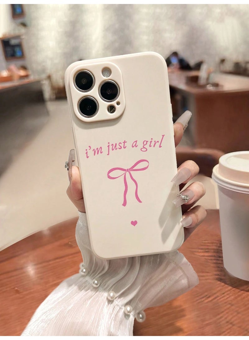 جراب آيفون 16 برو باللون الأبيض مزين بعبارة I’m Just a Girl مع فيونكة باللون الوردي - Image 4
