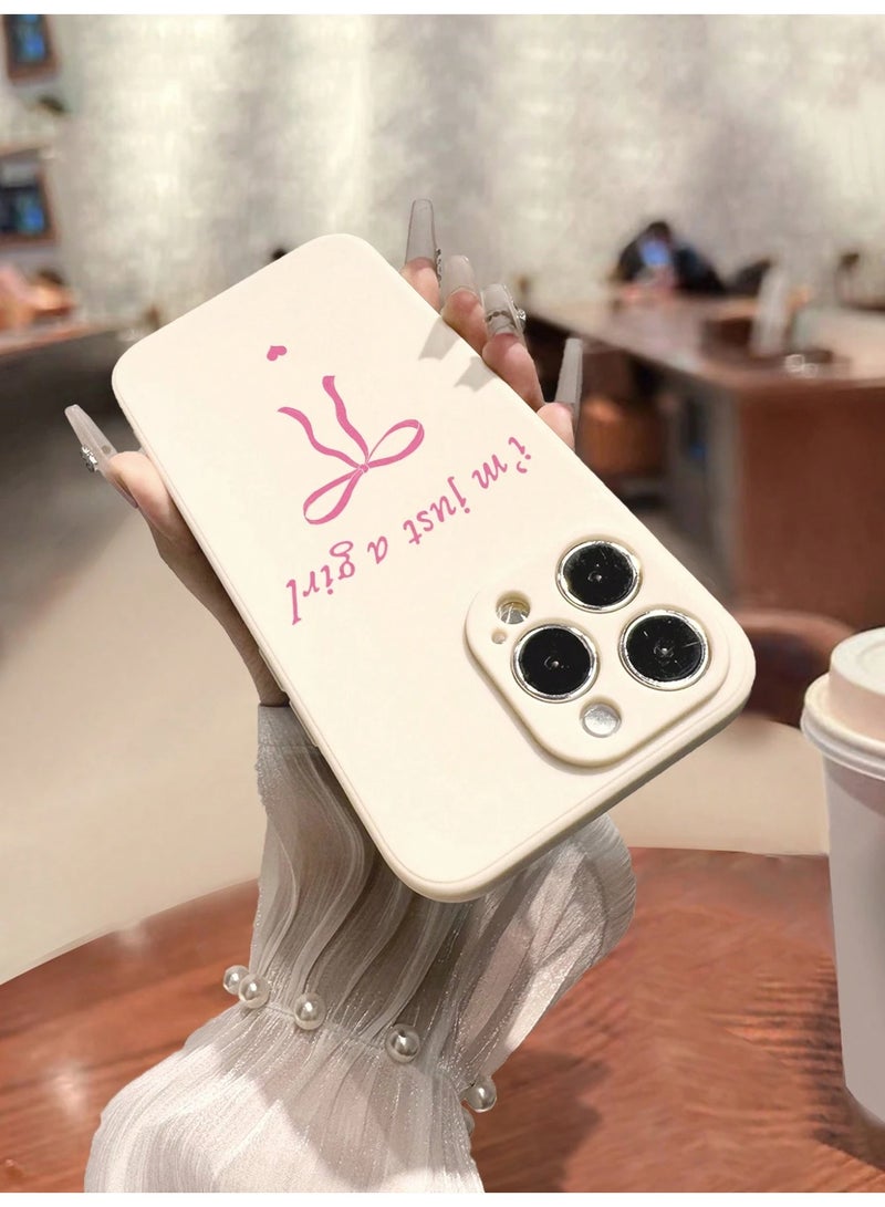جراب آيفون 16 برو باللون الأبيض مزين بعبارة I’m Just a Girl مع فيونكة باللون الوردي - Image 3