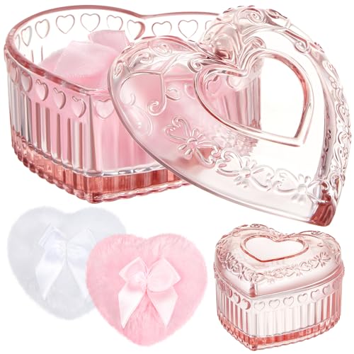 Tioncy 3 Pcs Large Body Powder Puff and Container Mothers Day Gift Powder Container with Puff Crystal Case Soft Washable Reusable Velour Face Body Glitter Wet Dry MakeupPink Heart - Image 1