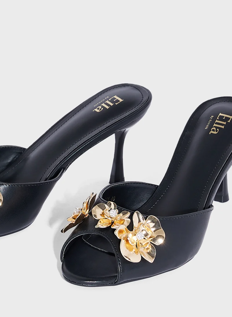 Ella Limited Edition Diamante Floral Trim Mule Heel Sandal