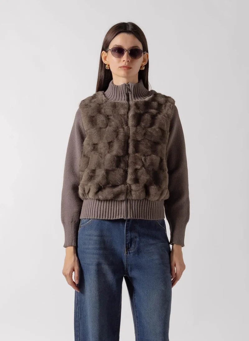 FAUX FUR PANEL ZIP JACKET