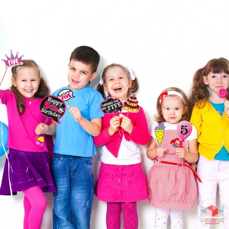 WOBBOX Fifth Birthday Photo Booth Party Props Pink for Baby Girl with 5th Birthday Bunting Banner for Baby Girl in Pink, 5th Birthday Decorations for Girl, Kids Birthday Party Decoration Items - Image 5