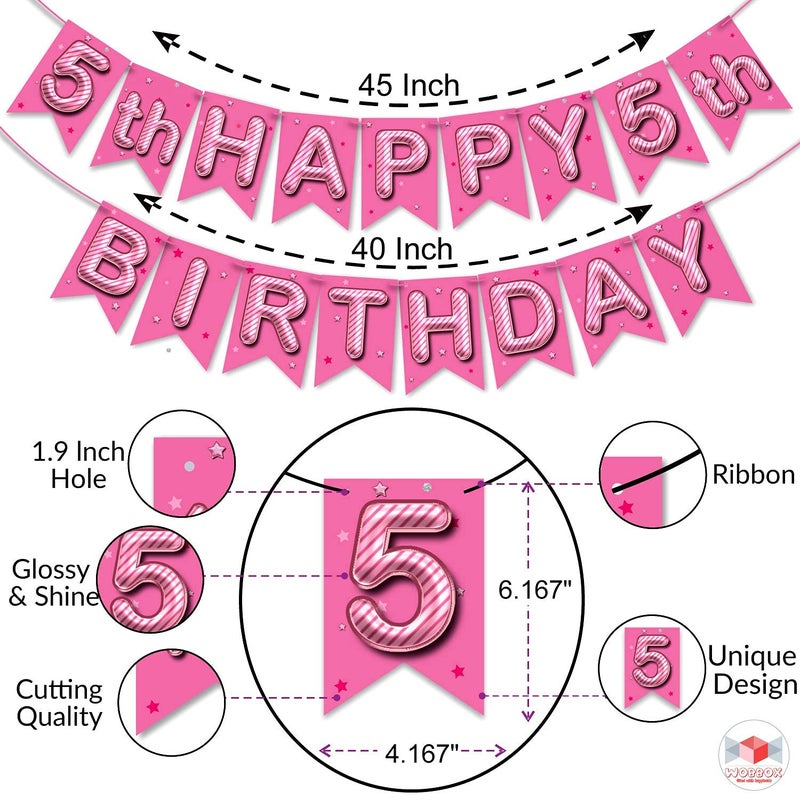WOBBOX Fifth Birthday Photo Booth Party Props Pink for Baby Girl with 5th Birthday Bunting Banner for Baby Girl in Pink, 5th Birthday Decorations for Girl, Kids Birthday Party Decoration Items - Image 3