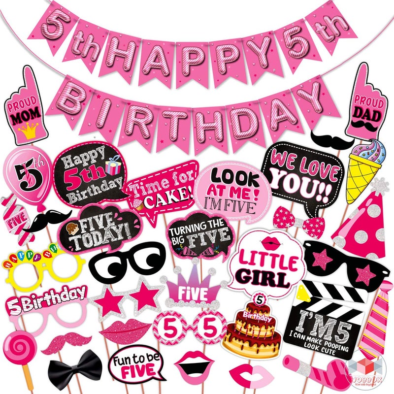 WOBBOX Fifth Birthday Photo Booth Party Props Pink for Baby Girl with 5th Birthday Bunting Banner for Baby Girl in Pink, 5th Birthday Decorations for Girl, Kids Birthday Party Decoration Items - Image 1