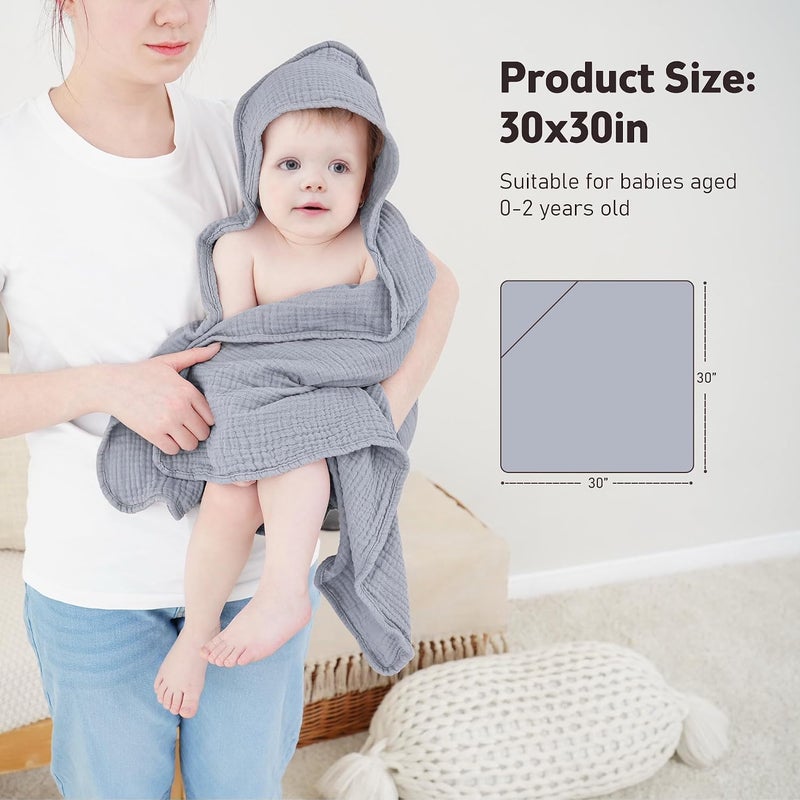 Susurration Hooded Baby Towels for Newborn 2 Pack 100% Muslin Cotton Towel for Babies，Highly Absorbent and Newborn Essential 30x30 Inch (Gray Green) - Image 2