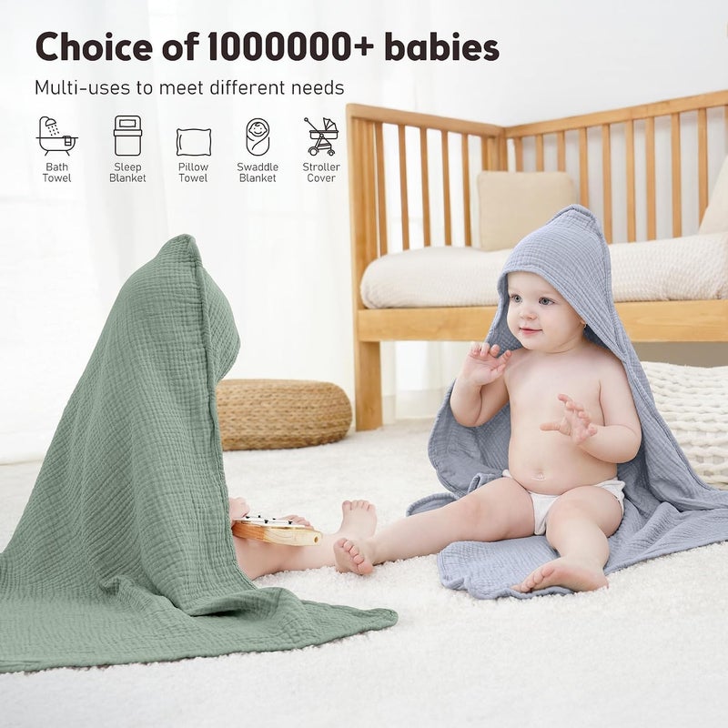 Susurration Hooded Baby Towels for Newborn 2 Pack 100% Muslin Cotton Towel for Babies，Highly Absorbent and Newborn Essential 30x30 Inch (Gray Green) - Image 5