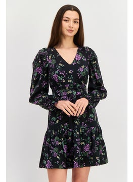 Y.A.S Women Floral Pattern Mini Dress, Black Combo  - Image 1