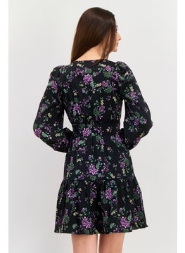 Y.A.S Women Floral Pattern Mini Dress, Black Combo  - Image 3