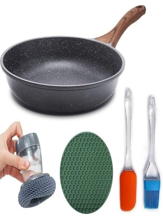 VENDICS Non-Stick Frying Pan with Wooden Handle & 4-Piece Silicone Kitchen Utensil Set – Cookware Combo for Frying, Sautéing & Stir-Frying (Combo) - Image 1