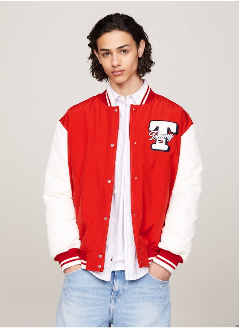 TOMMY JEANS - Men's Varsity Colour-Blocked Letterman Jacket -  Recycled polyester blend, Red - Image 1