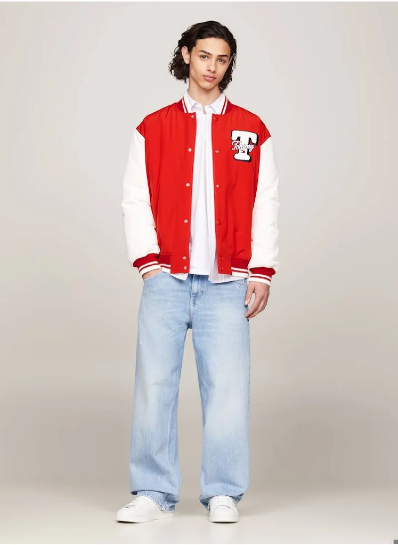 TOMMY JEANS Men's Varsity Colour-Blocked Letterman Jacket -  Recycled polyester blend, Red