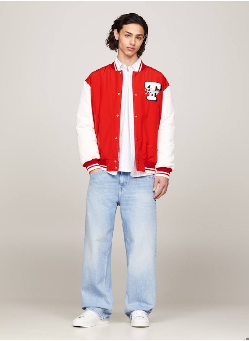 TOMMY JEANS - Men's Varsity Colour-Blocked Letterman Jacket -  Recycled polyester blend, Red - Image 1