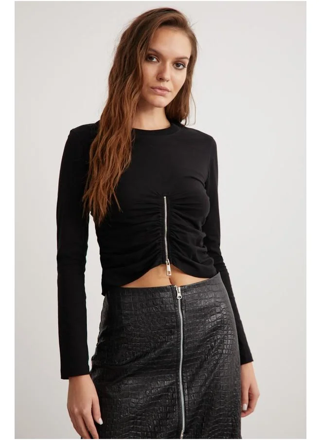 GRIMELANGE Grimelange Uluiaana Women's Crew Neck Long Sleeve Zip Detail Black Bustier