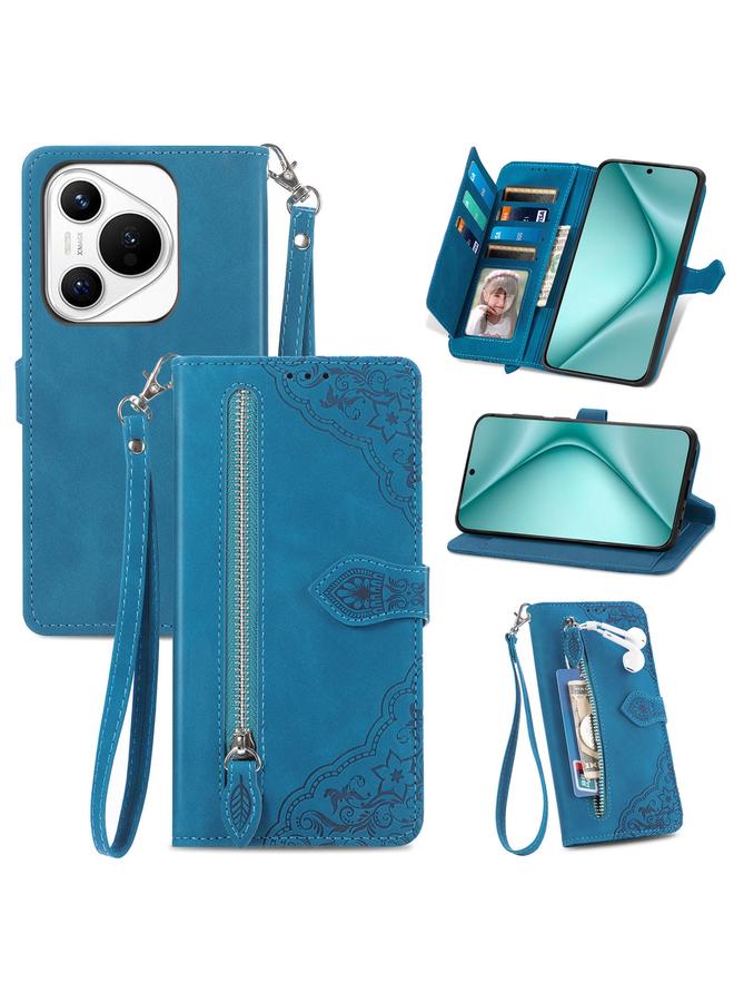 زبون جراب لهاتف Huawei Pura 70 مصنوع من الجلد بسحاب ونقشة زهور - Image 1