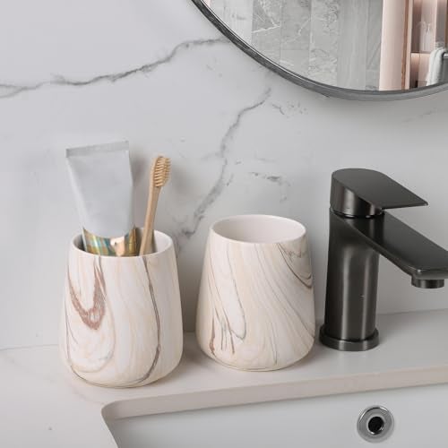 Eyrozia Marble Brown Toothbrush Holder for Bathroom - Ceramic Tooth Brushing Holders, Toothbrush Cup, Toothpaste Organizer for Bathroom Countertop, Makeup Brush Holder, Pen Holder for Home Desktop Storage - Image 3