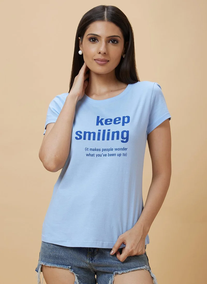 globus Globus Women Blue Typography Printed Pure Cotton T-Shirt