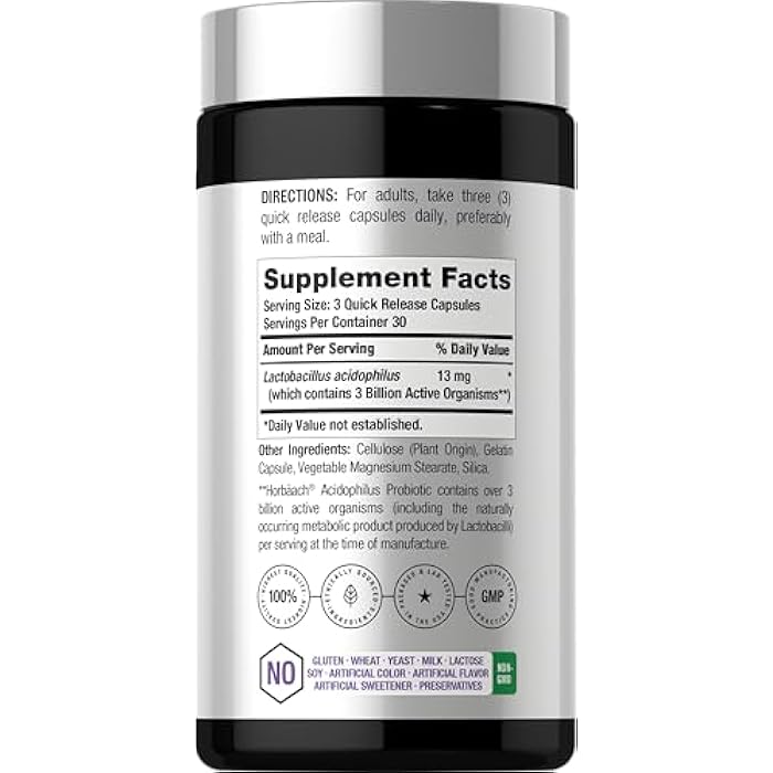 Horbäach Probiotic for Women & Men's Digestive Health | 3 Billion CFU | 90 Capsules | Non-GMO & Gluten Free - Image 2