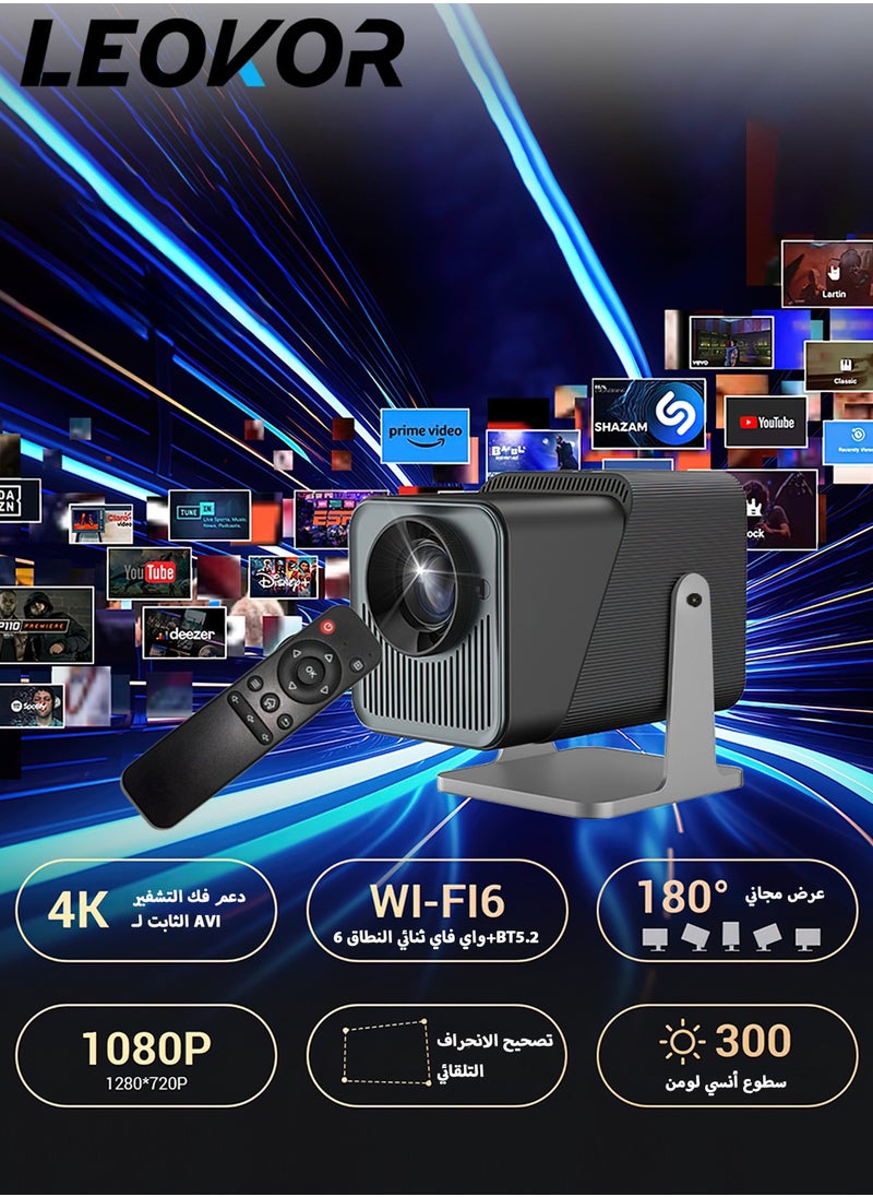 LEOKOR Portable Projector,4K FHD Natvie 1080P Smart Projector 300ANSI with WiFi 6,BT 5.0,180 Degree Rotation,Automatic Keystone Correction,Integrated Android 11.0 Compatible With Mobile Home Theater(Black)  - Image 1