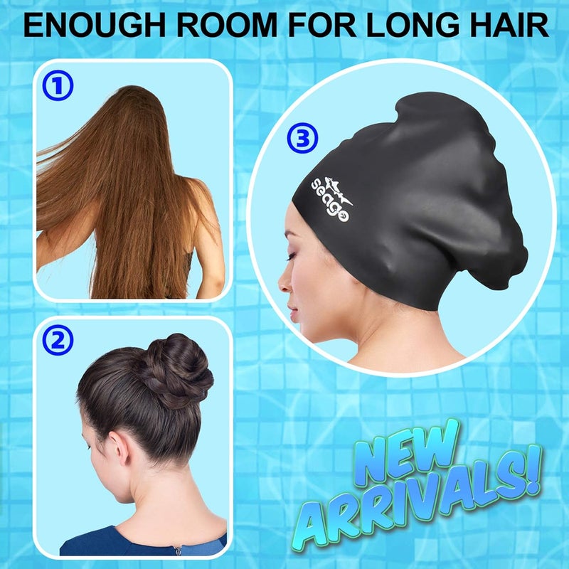 Seago Swim Cap Long Hair 2 Pack Swimming Caps for Women Silicone Swim Caps Keep Hair Dry Waterproof Comfortable Flexible Durable Bathing Cap Tear-Proof Design Large Women Adult Swimming Cap 10+ Years Girls - Image 2