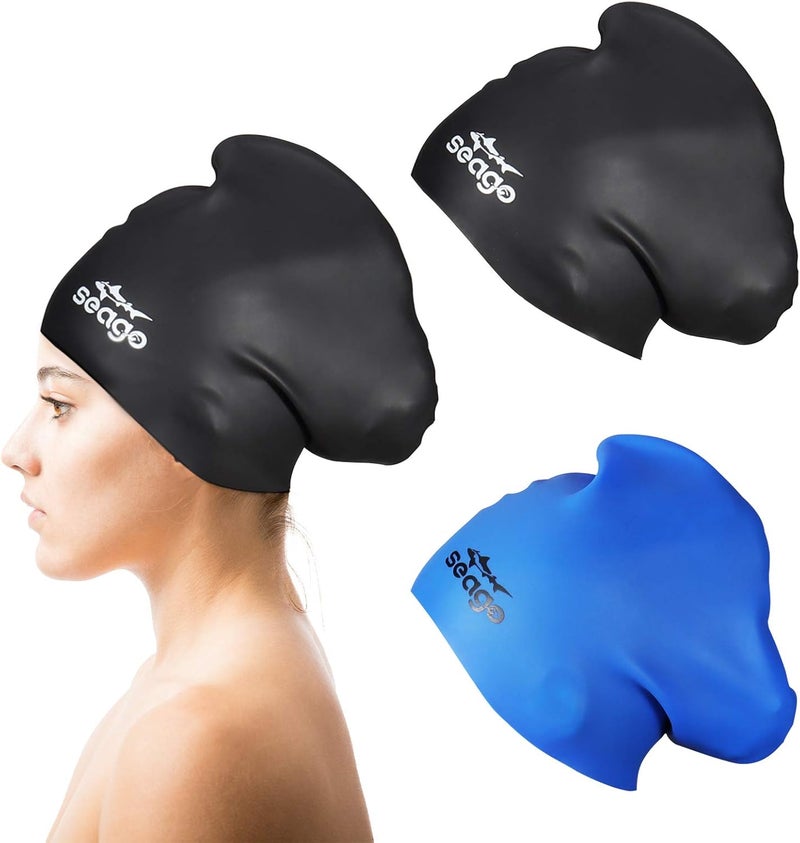 Seago Swim Cap Long Hair 2 Pack Swimming Caps for Women Silicone Swim Caps Keep Hair Dry Waterproof Comfortable Flexible Durable Bathing Cap Tear-Proof Design Large Women Adult Swimming Cap 10+ Years Girls - Image 1