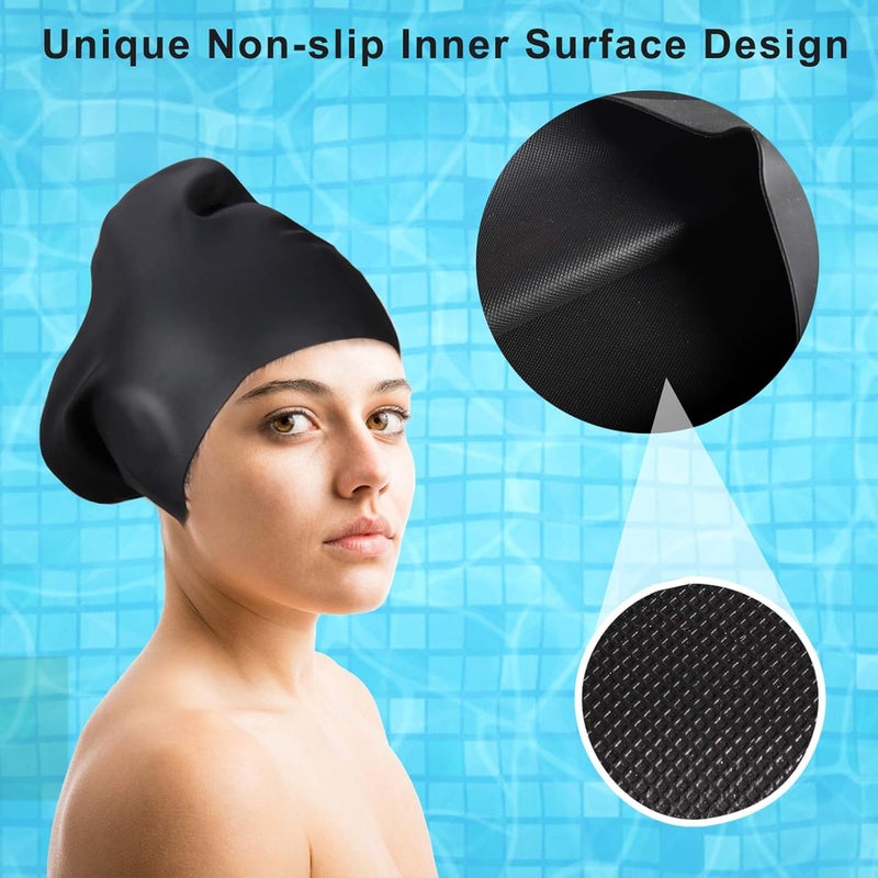 Seago Swim Cap Long Hair 2 Pack Swimming Caps for Women Silicone Swim Caps Keep Hair Dry Waterproof Comfortable Flexible Durable Bathing Cap Tear-Proof Design Large Women Adult Swimming Cap 10+ Years Girls - Image 5