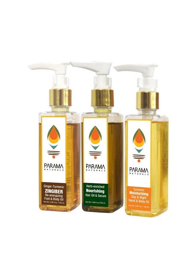 PARAMA NATURALS Daily Self Care (Abhyanga Collection): Body Care Combo Set ; Massage Kit Collection Box ; Moisturizing Face & Body Oil 100Ml Zingiber Body Oil 100Ml Nourishing Hair Oil 100Ml  - Image 2