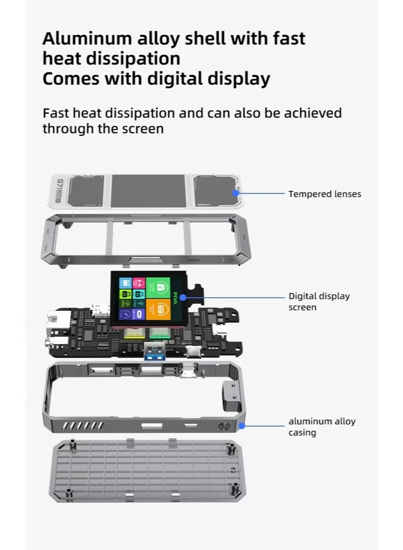 PIVA G71 is a 7-in-1 multi-functional aluminum metal docking station designed for gamers and office workers. It features a smart display for an advanced technology experience. It has two USB 3.0 ports, an HDMI 2.0 port, a Gigabit Ethernet port, and a 3.5mm audio interface. It also supports PD100W fast charging, ensuring diverse connections and efficient performance. - Image 5